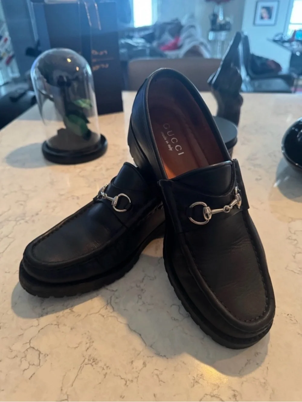 Gucci Women’s Black Leather Horsebit Lug Soled Loafers